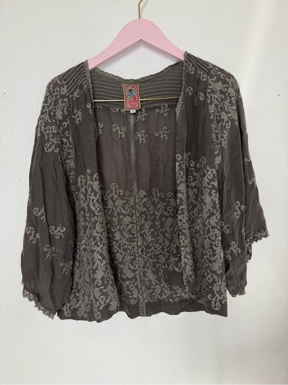 Johnny Was Charcoal Gray Embroidered Open-Front Cardigan